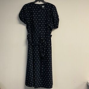 DKNY Navy Polka Dot Midi Dress with Self-Tie Waist